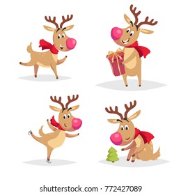 Cartoon reindeers with big noses and red scarfs set. Dancing, taking a red gift box, skated and looking on little fir tree. Christmas and winter comic characters. Vector illustrations.