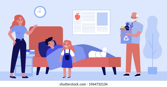 Cartoon relatives visiting young man with broken leg. Flat vector illustration. Father, wife, daughter caring about their loved one lying in hospital bed. Family, care, love, hospital, trauma concept