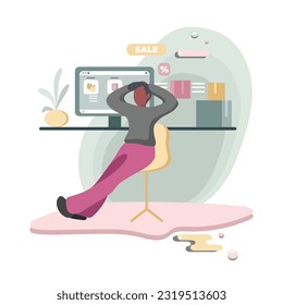 Cartoon relaxed african character does shopping online on computer from home. People making purchases over Internet. Choosing goods online. Digital environment. Electronic commerce. Vector
