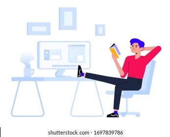 Cartoon relaxed man reading book enjoying break vector flat illustration. Colorful male putting legs on desk with computer having procrastination isolated on white background. Lazy boy at office