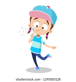 Cartoon relaxed pretty girl blowing in dandelion. Cute walking lady in blue hat and shirt vector illustration. Pastime and fun concept. Isolated on white background