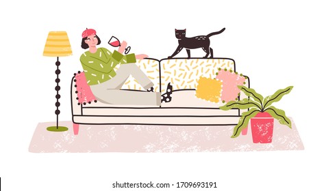 Cartoon relaxed woman drinking wine alone lying on couch at home vector flat illustration. Cheerful emancipation colorful female with glass of alcohol and cat isolated on white background