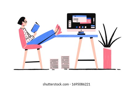 Cartoon relaxed woman reading book enjoying break vector flat illustration. Colorful female putting legs on desk with computer having procrastination isolated on white background. Lazy girl at office