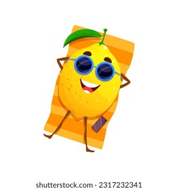 Cartoon relaxing lemon character. Vector fresh citrus fruit enjoying summer beach gateway. Juicy personage wear sunglasses tanning and relax on mat at tropical beach location during vacation trip