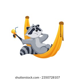 Cartoon relaxing raccoon character in hammock with juice or cocktail drink, vector cute animal mascot. Raccoon on holiday or summer vacations in fun or enjoy relax on hammock with orange juice