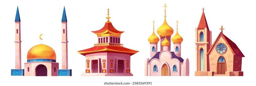 Cartoon religious buildings set with mosque, buddhist temple, orthodox church and catholic chapel. Traditional sacred architecture of different faiths with golden domes, minarets, pagoda roof.