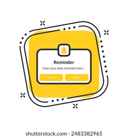 Icono de recordatorio de caricatura Ilustración vectorial. Página de notificación sobre fondo cuadrado amarillo aislado. Concepto de signo de campana.