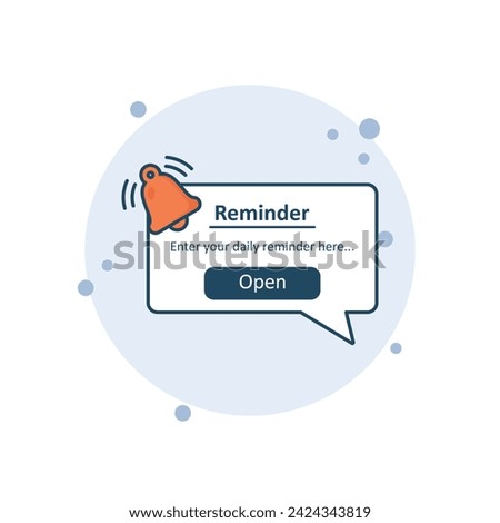 Cartoon reminder icon vector illustration. Notification page on bubbles background. Bell sign concept.