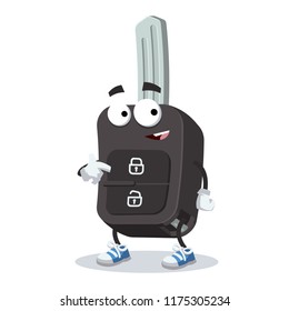 cartoon remote ignition car key mascot showing himself on a white background