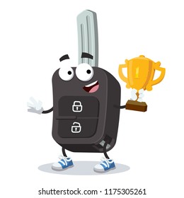 cartoon remote ignition car key mascot holds the number one cup on white background