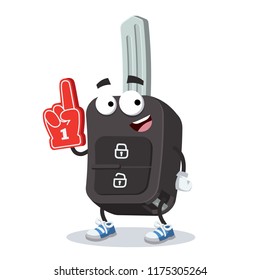 cartoon remote ignition car key character mascot with the number 1 one sports fan hand glove on a white background
