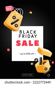 Cartoon render 3d vector Black percentage sign inside Yellow open gift box and  bag with red discount percent symbol. Cartoon plastic render promo banner for Black Friday Sale design. Template poster