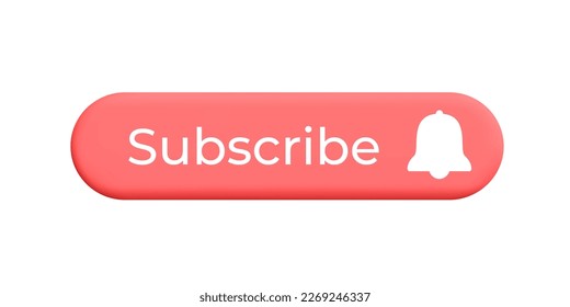 Cartoon render red oval subscribe button white silhouette  bell reminder notification symbol 3d vector. Ui web element Social media, channel, blog, marketing promo isolated on white background.