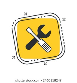 Ilustración vectorial de iconos de reparación de caricaturas. Llave, destornillador sobre fondo cuadrado amarillo aislado. Concepto de señal de servicio.