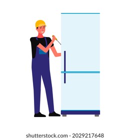 Hombre de reparación de caricaturas reparando refrigerador - trabajador uniformado usando herramienta de destornillador para arreglar refrigerador. Ilustración vectorial aislada del hombre de mano en el trabajo sobre fondo blanco