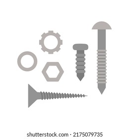 conjunto de reparación de dibujos animados de perno, tuerca, clavo y tornillo, ilustración vectorial con herramientas de construcción de estilo plano
