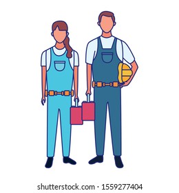 cartoon repair woman and man with tool boxes over white background, vector illustration