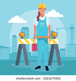cartoon repair woman worker holding a tools box in front of traffic barrier over under construction scenery background, colorful design , vector illustration