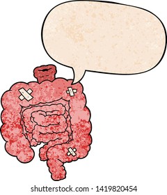 cartoon repaired intestines with speech bubble in retro texture style