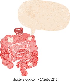 cartoon repaired intestines with speech bubble in grunge distressed retro textured style