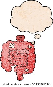 cartoon repaired intestines with thought bubble in grunge texture style