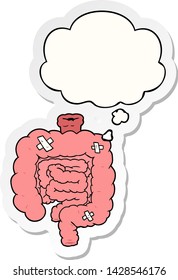 cartoon repaired intestines with thought bubble as a printed sticker
