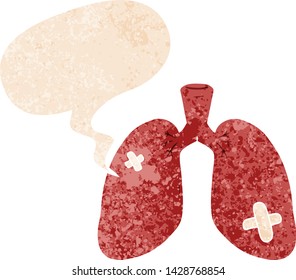 dibujos animados reparados pulmones con burbuja de habla en un estilo retro angustiado y texturizado