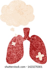 cartoon repaired lungs with thought bubble in grunge distressed retro textured style