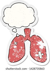 cartoon repaired lungs with thought bubble as a distressed worn sticker