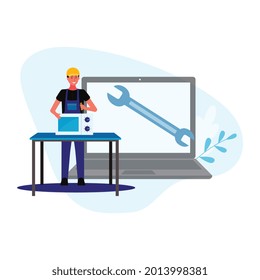 Cartoon repairman fixing microwave - home appliance repair video tutorial or maintenance tool selling service on laptop screen. Vector illustration of electrician.