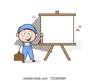 Cartoon Repairman Holding a Tools Bag with Ad Banner Vector