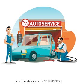 Cartoon Repairmen Team Replacing Car Tire on Wheel Cartoon. Technician Drink Takeaway Coffee while Mechanic Removing Broken Part. Flat Round-the-Clock Automotive Service Building. Vector Illustration