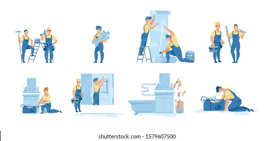 Cartoon Reparatur bei der Arbeit Vektorillustration Szenen Flachsatz. Hausmeister. Haushalt und Renovierung. Reparatur und Hausarbeit. Handwerker, Designer, Maler, Klempner rufen an. Soforthilfe in der Illustration des Hauses