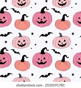 Cartoon repeating Halloween background with pink pumpkin lantern and bats. Hand drawn vector Seamless pattern for autumn holiday, autumnal decorative ornament for banner, flyer, paper, print, wrapping