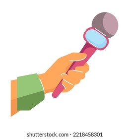 Cartoon reporter hand with microphone. Flat vector illustration. Man of public interest sharing his opinion or comment with reporters, standing in front of mics. News, interview concept