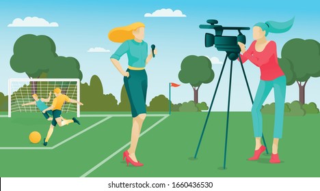 Cartoon Reporter and Operator Characters Team Broadcasting Football Match in Stadium. Woman Holding Microphone Interview Competition. Camerawoman Recording Video. Vector Flat Illustration