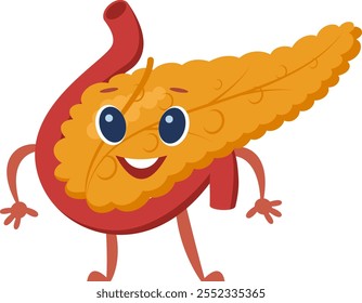 Representación de dibujos animados de un páncreas y duodeno sanos con una cara sonriente, promoviendo la conciencia de la salud digestiva y la educación médica