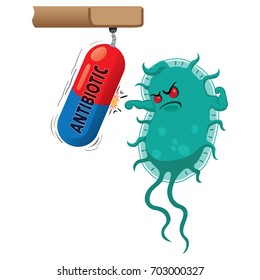 Cartoon representation of a super bug a microorganism, being strong and tough because of drug or antibiotic. Ideal for informative and medicinal materials