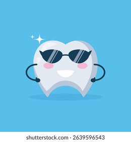 Cartoon representation of a tooth, depicted as a friendly character wearing sunglasses.  It is designed in a simple, flat style, conveying a cheerful and positive message about dental health.