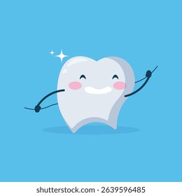 Cartoon representation of a tooth with a friendly expression, arms raised, on a light blue background.  The tooth is depicted in a simple, stylized manner with light-colored enamel and pink cheeks.