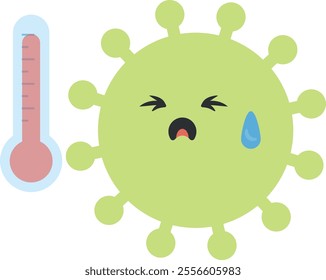 Cartoon representation of a virus with a sad face and a tear, accompanied by a thermometer indicating a high temperature. Fever or a viral disease.