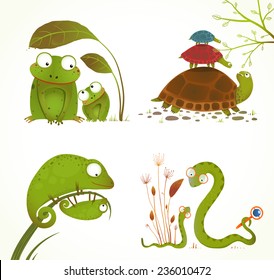 Cartoon Reptile Animals Parent With Baby Collection. Brightly Colored Childish Frogs Turtles Snakes Lizards. Vector Illustration.