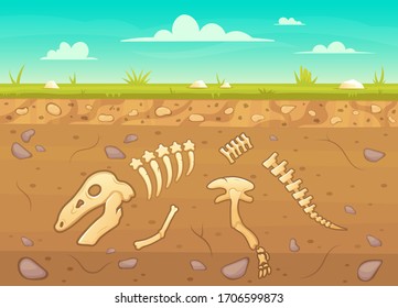 Cartoon Reptile Bones Ground. Archeology Buried Bones Game Underground, Dinosaur Skeleton In Soil Layers Vector Background Illustration. Reptile Archeology, Ancient Extinct Prehistory