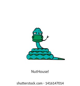 Cartoon reptile character. A funny tangled snake lies with its head up and its tongue sticking out. Vector. 