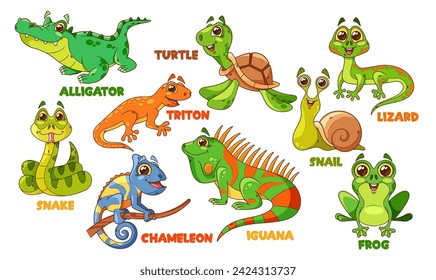 Cartoon Reptile Characters Isolated Vector Set. Alligator, Turtle, Snail And Snake, Triton, Chameleon, Iguana And Frog