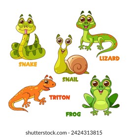 Cartoon Reptile Characters Isolated Vector Set. Snail, Snake, Triton, And Frog With Lizard Cute And Funny Personages