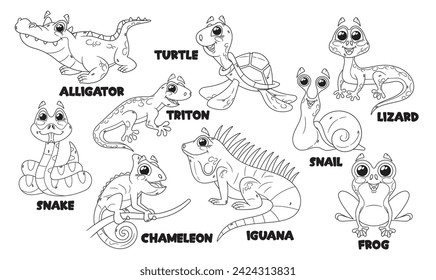 Cartoon Reptile Characters Isolated Vector Monochrome Outline Icons Set. Alligator, Turtle, Snail and Snake, Chameleon