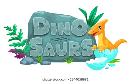 Cartoon reptile dino animal character with egg and cute baby dinosaur, vector fossil stone. Kids Jurassic toy or game funny dino hatching from egg, child education or extinct reptiles museum poster