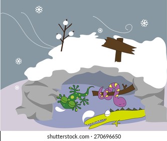 cartoon reptile sleeping in the winter in a den.