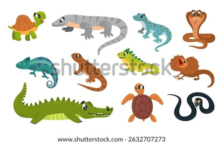 Cartoon reptiles. Exotic lizard turtle iguana and snakes. Isolated amphibian, different tropical area animals, triton and salamander. Classy vector clipart